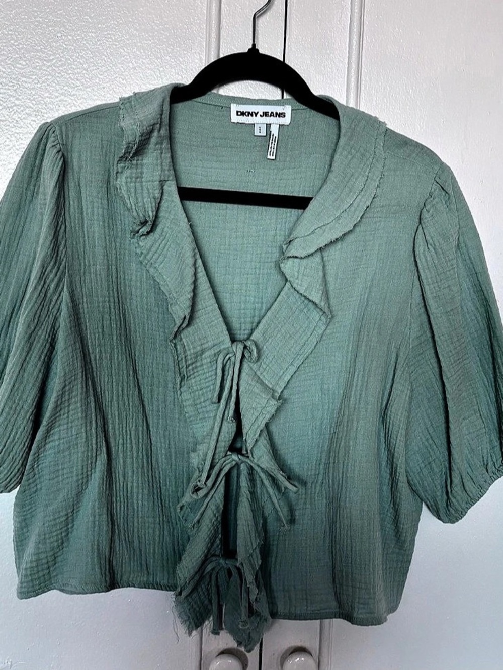 DKNY Jeans Cotton Ruffle Tie-Front Blouse Size Large Like New